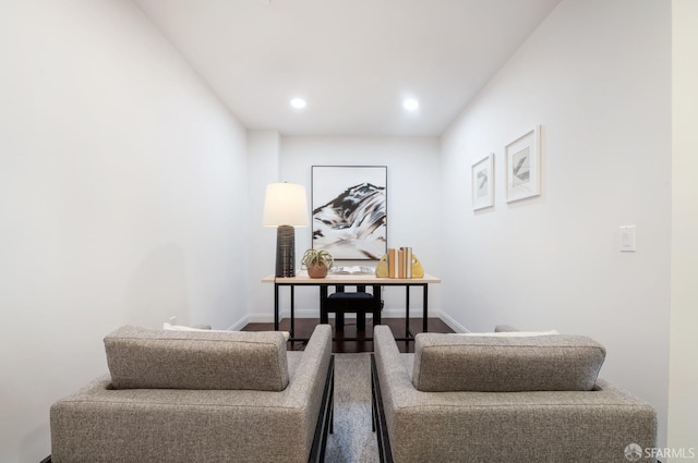 office area featuring recessed lighting, wood finished floors, and baseboards