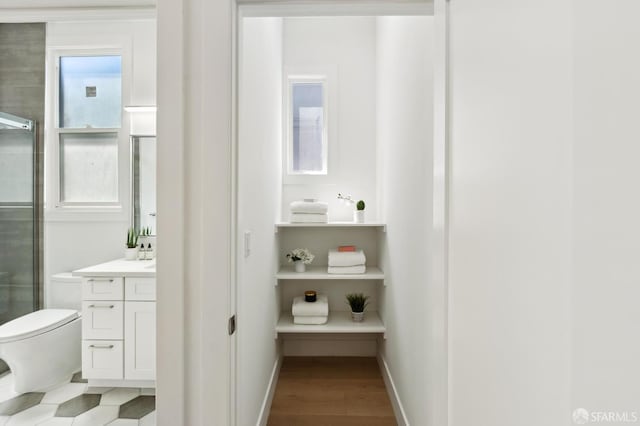 2237 Bryant St Lower, Lower, San Francisco, CA 94110 - bathroom featuring vanity, toilet, a shower with door, and baseboards