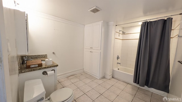 full bathroom with tile patterned floors, shower / bath combination with curtain, toilet, and vanity