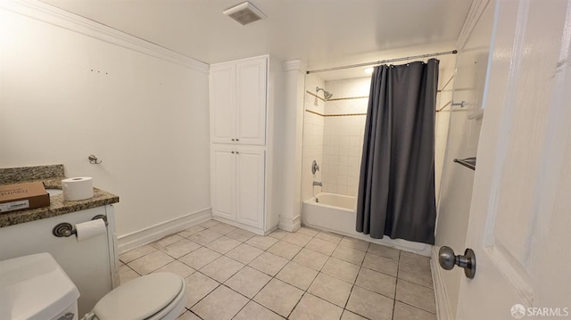 bathroom with tile patterned flooring, shower / bath combination with curtain, toilet, and ornamental molding