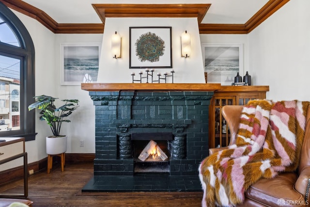 831 45th Ave, San Francisco, CA 94121 - living area featuring crown molding, wood finished floors, and a fireplace