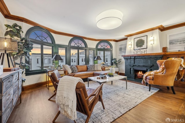 831 45th Ave, San Francisco, CA 94121 - living room with ornamental molding, a fireplace, and wood finished floors