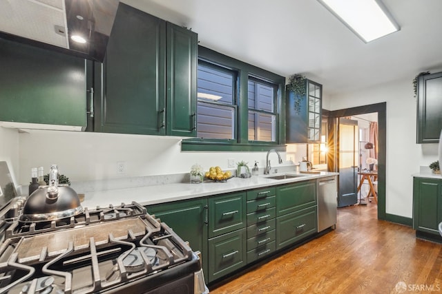 831 45th Ave, San Francisco, CA 94121 - kitchen featuring green cabinetry, gas range oven, stainless steel dishwasher, and light countertops