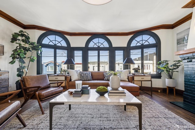 831 45th Ave, San Francisco, CA 94121 - living area with wood finished floors, plenty of natural light, ornamental molding, and a brick fireplace
