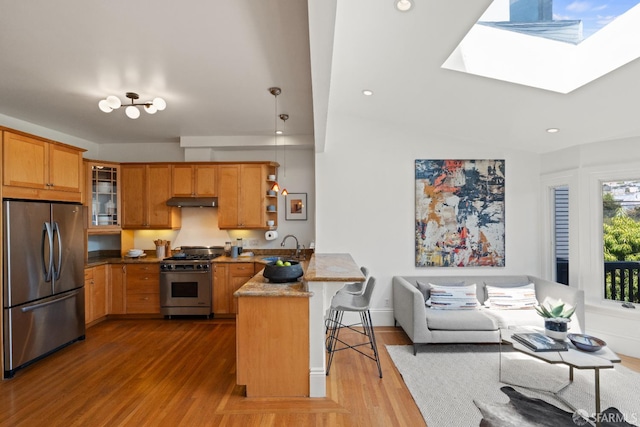 462 Clipper St, San Francisco, CA 94114 - kitchen with stainless steel appliances, a peninsula, a skylight, a breakfast bar, and under cabinet range hood