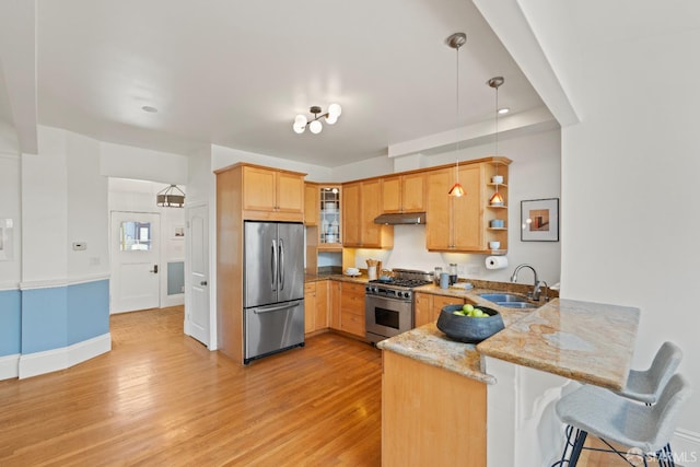 462 Clipper St, San Francisco, CA 94114 - kitchen with stainless steel appliances, a peninsula, under cabinet range hood, a sink, and open shelves