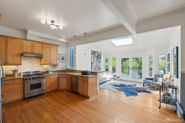 462 Clipper St, San Francisco, CA 94114 - kitchen with appliances with stainless steel finishes, a sink, under cabinet range hood, a peninsula, and wood finished floors