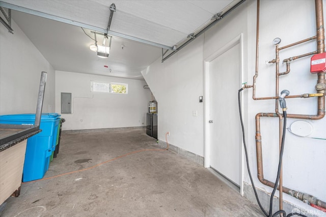 garage with electric panel and a garage door opener