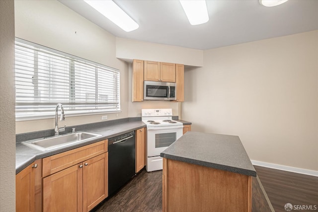 kitchen with white electric stove, sink, dark hardwood / wood-style floors, black dishwasher, and a kitchen island