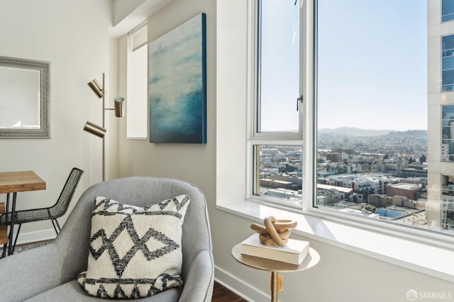 living area with hardwood / wood-style flooring and a mountain view