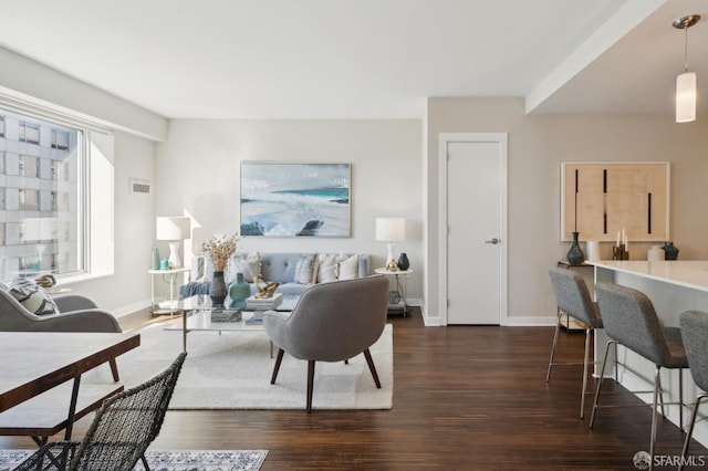 living room featuring dark wood-type flooring