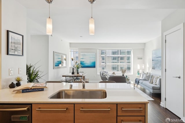 kitchen featuring dark hardwood / wood-style flooring, sink, decorative light fixtures, and stainless steel dishwasher