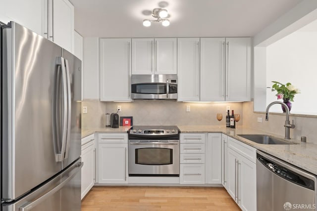 kitchen with white cabinets, light wood-style floors, appliances with stainless steel finishes, and a sink