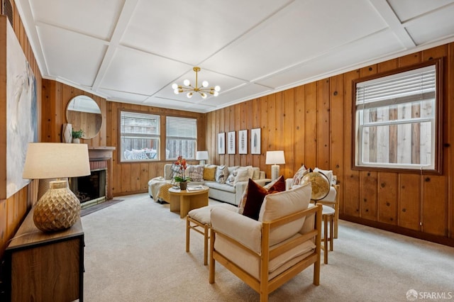 20 Rossmoor Dr, San Francisco, CA 94132 - living area featuring wooden walls, carpet, a fireplace, a chandelier, and coffered ceiling