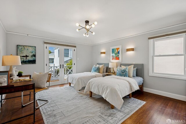 20 Rossmoor Dr, San Francisco, CA 94132 - bedroom with access to exterior, baseboards, french doors, wood finished floors, and a chandelier