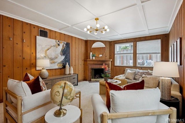 20 Rossmoor Dr, San Francisco, CA 94132 - living room with a chandelier, light colored carpet, wooden walls, and a fireplace