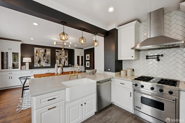 20 Rossmoor Dr, San Francisco, CA 94132 - kitchen with wall chimney exhaust hood, stainless steel appliances, a sink, decorative backsplash, and ornamental molding