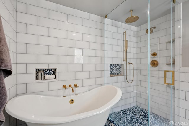 20 Rossmoor Dr, San Francisco, CA 94132 - bathroom with a stall shower, a freestanding tub, and tile walls