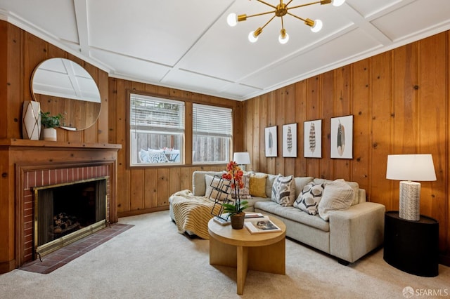 20 Rossmoor Dr, San Francisco, CA 94132 - living area featuring carpet, wood walls, a fireplace, and a chandelier