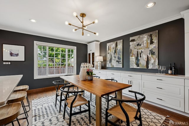 20 Rossmoor Dr, San Francisco, CA 94132 - dining space with ornamental molding, dark wood-style floors, a chandelier, recessed lighting, and baseboards