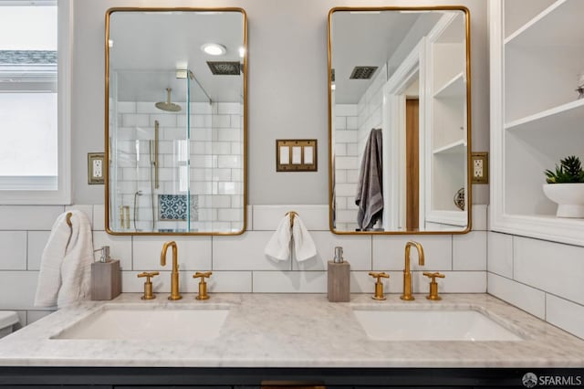 20 Rossmoor Dr, San Francisco, CA 94132 - full bath with decorative backsplash, double vanity, and a shower