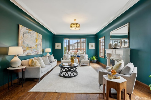 20 Rossmoor Dr, San Francisco, CA 94132 - living room featuring ornamental molding, hardwood / wood-style flooring, baseboards, and a glass covered fireplace