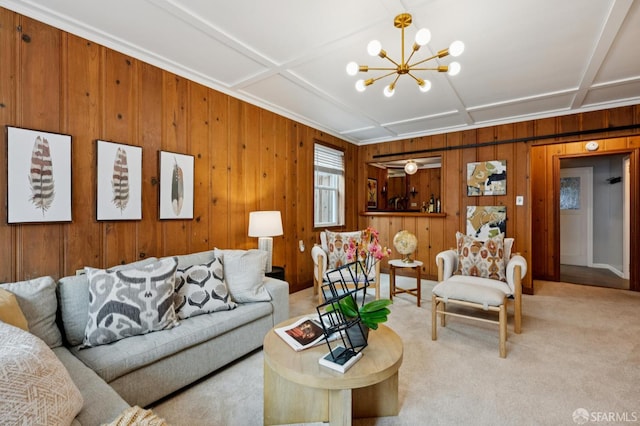 20 Rossmoor Dr, San Francisco, CA 94132 - living room featuring wood walls, a chandelier, and carpet floors