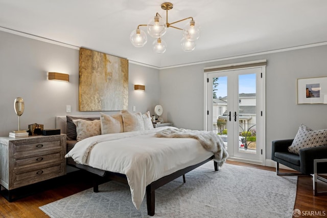 20 Rossmoor Dr, San Francisco, CA 94132 - bedroom featuring access to exterior, dark wood finished floors, crown molding, french doors, and a chandelier