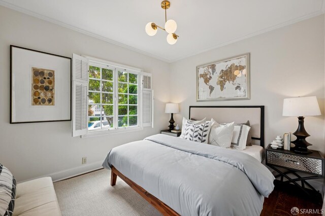 20 Rossmoor Dr, San Francisco, CA 94132 - bedroom featuring baseboards, crown molding, and a chandelier