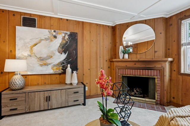 20 Rossmoor Dr, San Francisco, CA 94132 - living area featuring wooden walls, carpet floors, and a brick fireplace