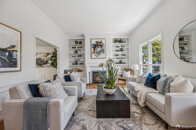 25 Roselyn Ter, San Francisco, CA 94118 - living room with ornamental molding, built in features, and a warm lit fireplace
