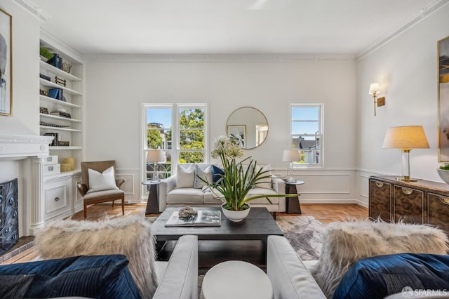 25 Roselyn Ter, San Francisco, CA 94118 - living room featuring built in features and crown molding