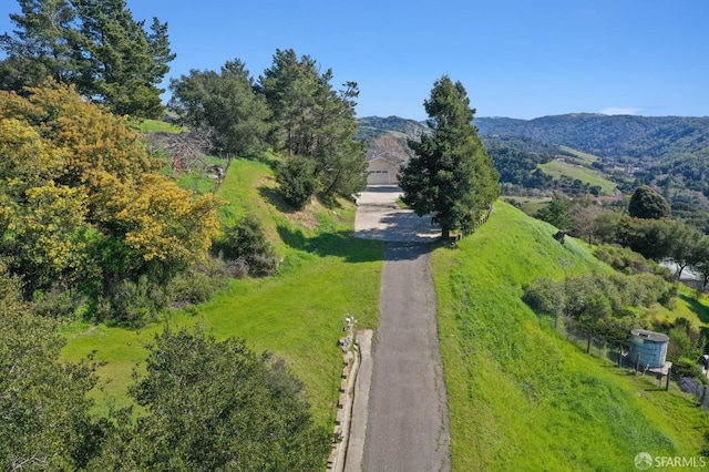 birds eye view of property featuring a mountain view