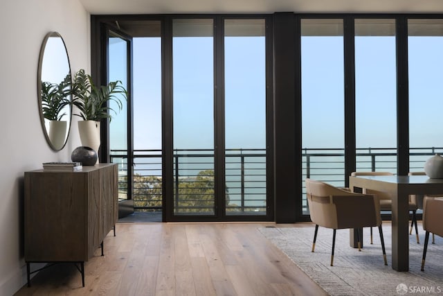 dining room with floor to ceiling windows and light hardwood / wood-style flooring