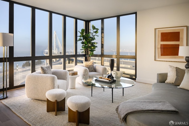 living room featuring a wealth of natural light and a water view