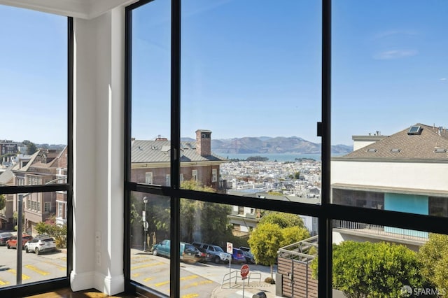 interior space with a mountain view