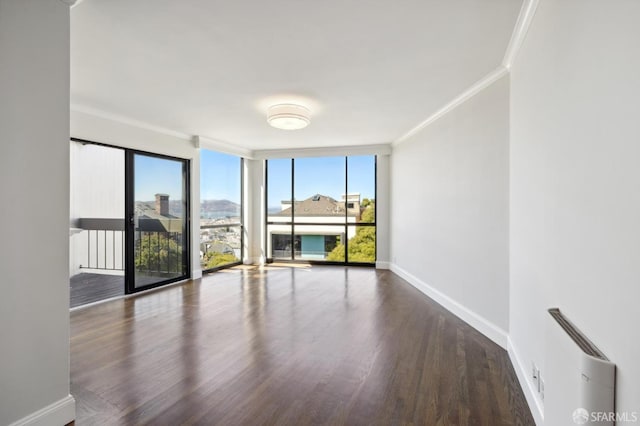 empty room with ornamental molding and dark hardwood / wood-style flooring