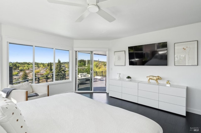 bedroom featuring a ceiling fan, access to exterior, baseboards, and dark wood-style floors