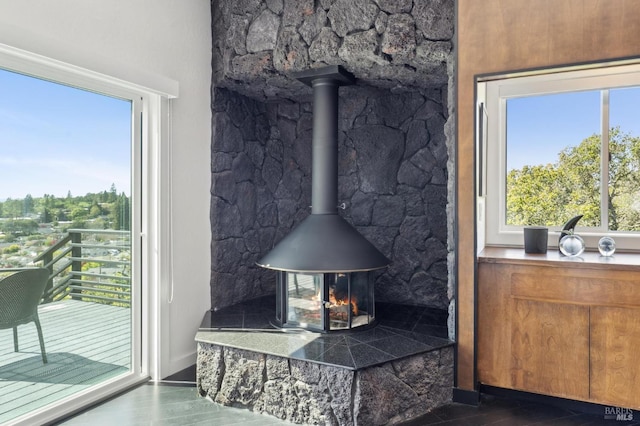 details with a wood stove and wood finished floors