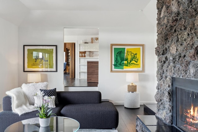 living area featuring baseboards, wood finished floors, and a fireplace