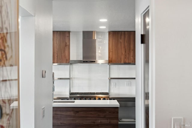bathroom with decorative backsplash, recessed lighting, and vanity