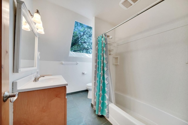 full bathroom featuring shower / bath combo, vanity, toilet, tile patterned flooring, and visible vents