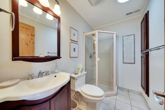 full bathroom featuring tile patterned floors, a stall shower, vanity, toilet, and visible vents