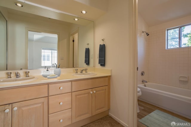 981 Asilomar Ter Unit 1, Sunnyvale, CA 94086 - full bath featuring double vanity, healthy amount of natural light, bathtub / shower combination, and recessed lighting