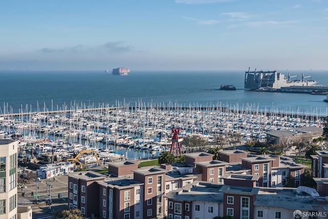 drone / aerial view with a water view