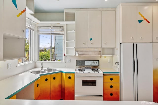 80 Bronte St, San Francisco, CA 94110 - kitchen featuring white appliances, open shelves, under cabinet range hood, and light countertops