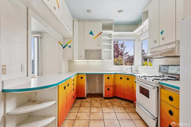 80 Bronte St, San Francisco, CA 94110 - kitchen with open shelves, white gas stove, under cabinet range hood, light countertops, and light tile patterned floors