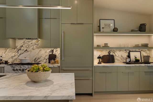 kitchen featuring open shelves, built in fridge, lofted ceiling, backsplash, and modern cabinets