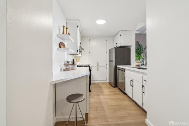1520 Taylor St Unit 103, San Francisco, CA 94133 - kitchen featuring open shelves, appliances with stainless steel finishes, white cabinets, light wood-type flooring, and light countertops