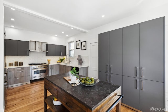 kitchen with a sink, decorative backsplash, high end stove, modern cabinets, and light wood-type flooring